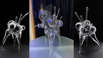 ボヘミアン　ガラス　レネ　オブジェ　チェコ ミャクミャクにお友達誕生】黄緑の体に目玉がいっぱい 「ガラス