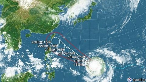 【台風情報】非常に強い台風30号の進路予想　22日午後3時には「非常に強い」勢力のまま沖縄の南へ達する見込み　中心気圧935hPa、最大瞬間風速70m/sの予想