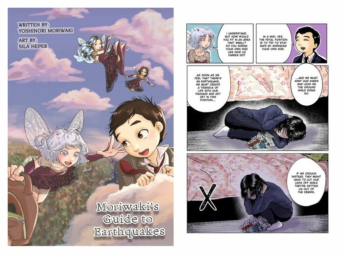 防災マンガの英語版表紙と危険回避行動を説明するページ
