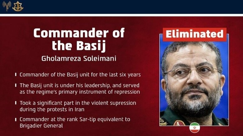 イラン革命防衛隊傘下の民兵組織「バシジ」司令官殺害　イスラエル軍が発表　現体制で影響大きい最高安全保障委員会事務局長が標的か｜FNNプライムオンライン