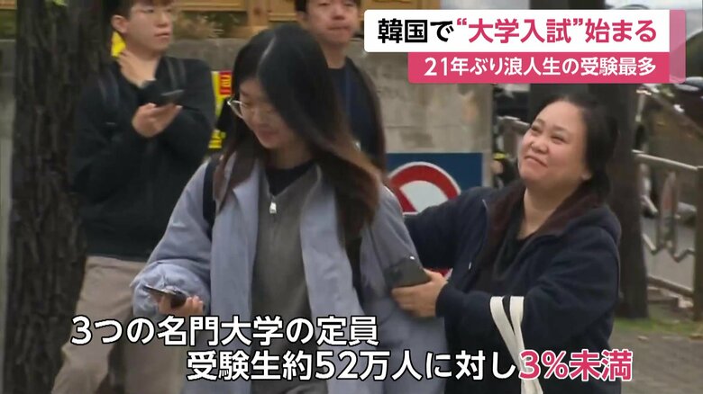 保護者に見送られ会場に入る受験生