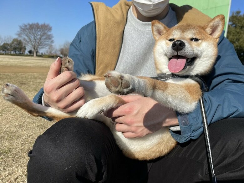 公園で抱っこされているいそべくん