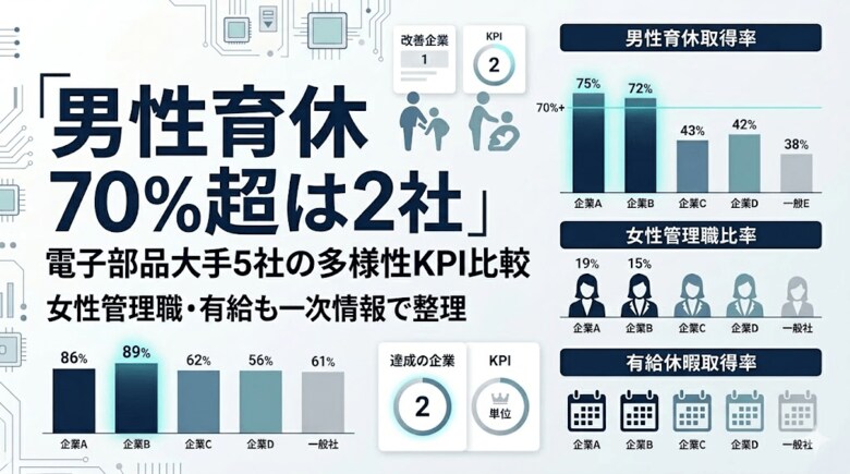 【人的資本調査：電子部品デバイス】大手5社の男性育休×女性管理職×有給を一次情報で比較｜キーエンス・村田製作所が男性育休70%超