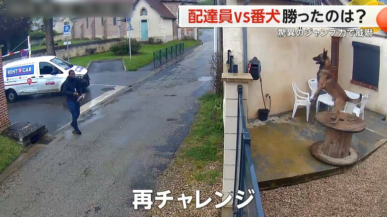 驚きのあまり、後ろへと下がったが、怯えながら再びチャレンジする配達員