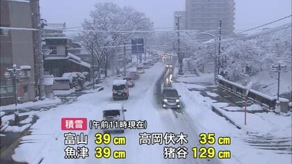 全域に大雪警報…富山県内広範囲で雪 午前11時の積雪は富山