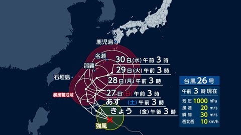 台風26号が週明けにも強い勢力で沖縄直撃へ　本州方面に進む可能性も　関東は週末に再び雨が強まる恐れ