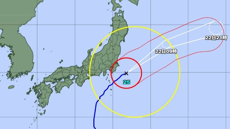 【台風情報】大型で強い台風25号の進路予想　21日午後9時には銚子市の南東約130キロ、中心気圧960ヘクトパスカル　22日午前9時には日本の東に達する予想｜FNNプライムオンライン