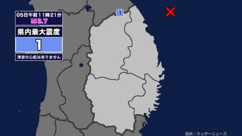 【地震】岩手県内で震度1 岩手県沖を震源とする最大震度1の地震が発生 津波の心配なし｜FNNプライムオンライン