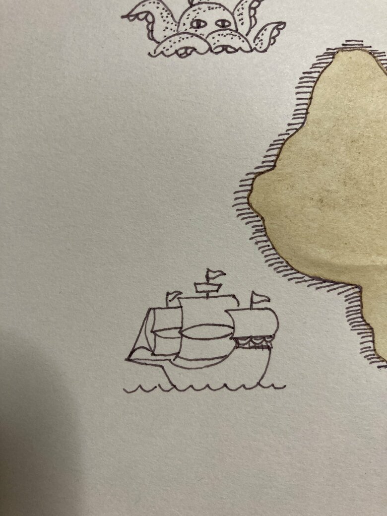 マストが3本あるつもりで帆や旗を描き