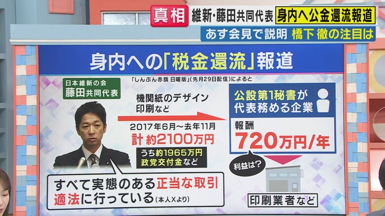 維新・藤田共同代表（関西テレビ「旬感LIVE とれたてっ！」より）