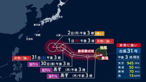 【台風情報】非常に強い台風31号の今後の進路　関東でも来週以降影響の恐れ