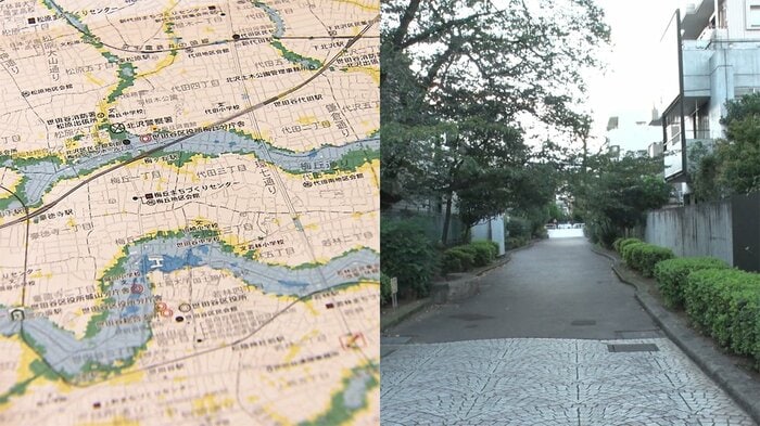 左:ハザードマップ 右:実際の「緑道」