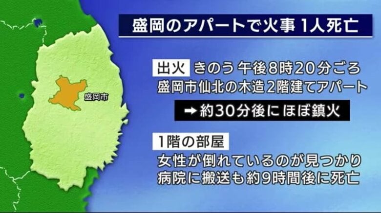【アパート火災】女性が顔などにやけどをし病院搬送も約9時間後に死亡　ひとり暮らしの90代の女性か　岩手県盛岡市　｜FNNプライムオンライン