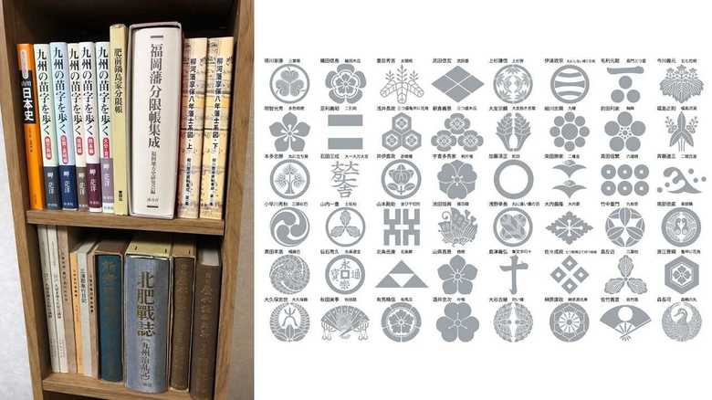 (左)副業に欠かせない資料が並ぶ本棚 (右)有名武将の家紋