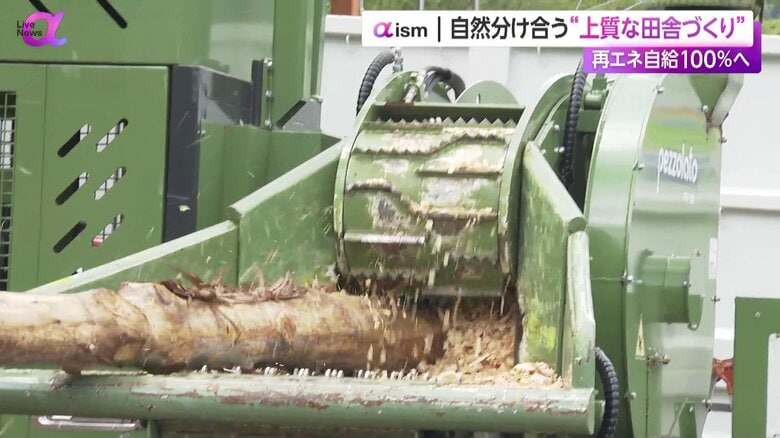 大きな丸太が機械に吸い込まれて粉砕される