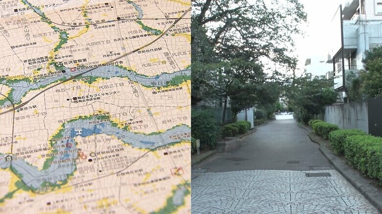 左：ハザードマップ　右：実際の「緑道」