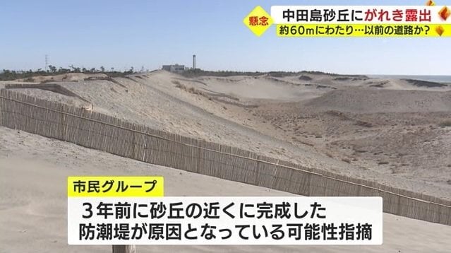 防潮堤（左）と砂丘（右）