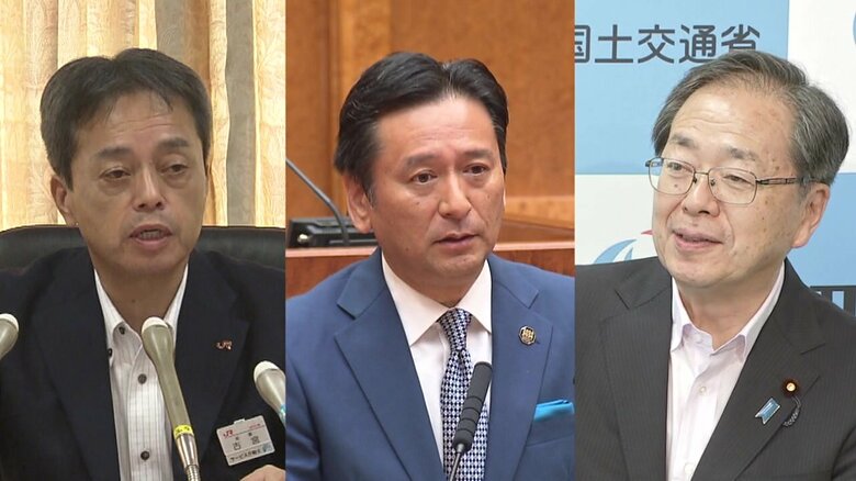 左：JR九州・古宮社長　中央：山口知事　右：斉藤国交相