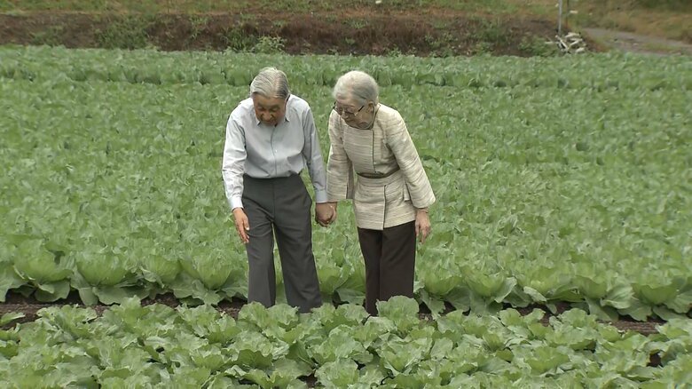 キャベツ畑をご覧になる上皇ご夫妻　軽井沢・大日向地区