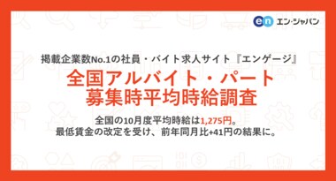 掲載企業数No.1の社員・バイト求人サイト『エンゲージ』アルバイト・パート募集時平均時給調査(2023年10月度)