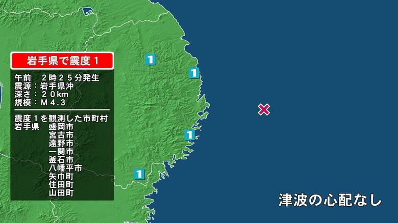 岩手県で最大震度1の地震　岩手県・宮古市、山田町、釜石市、住田町、盛岡市、八幡平市、矢巾町、遠野市、一関市｜FNNプライムオンライン