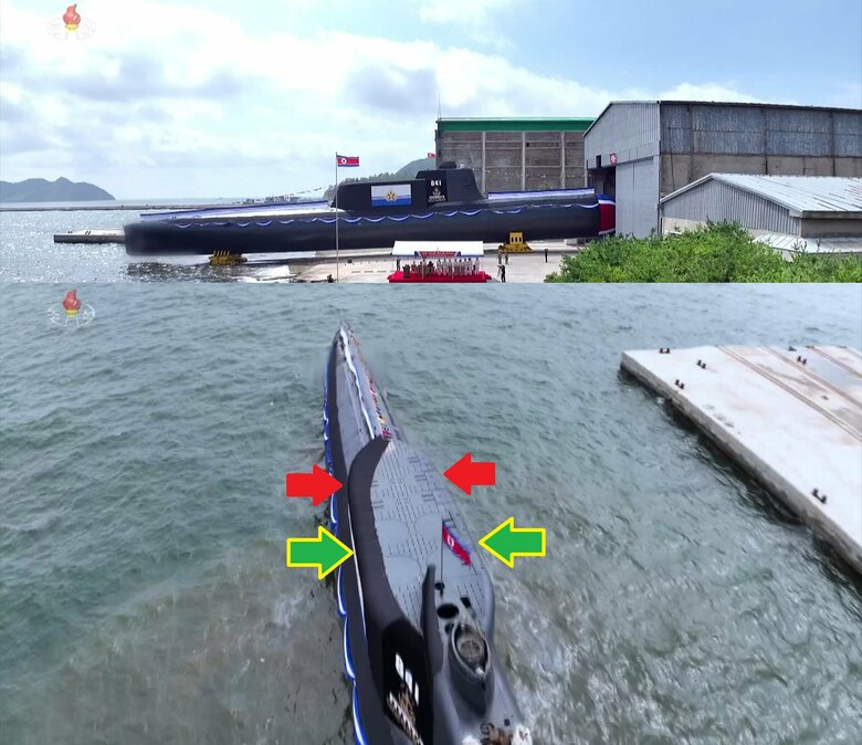 北朝鮮の戦術核攻撃潜水艦「金君玉英雄」赤矢印は「ファサル」巡航ミサイル発射口か緑矢印は「KN-23」変則軌道弾道ミサイル発射口か（朝鮮中央テレビ・9月8日）