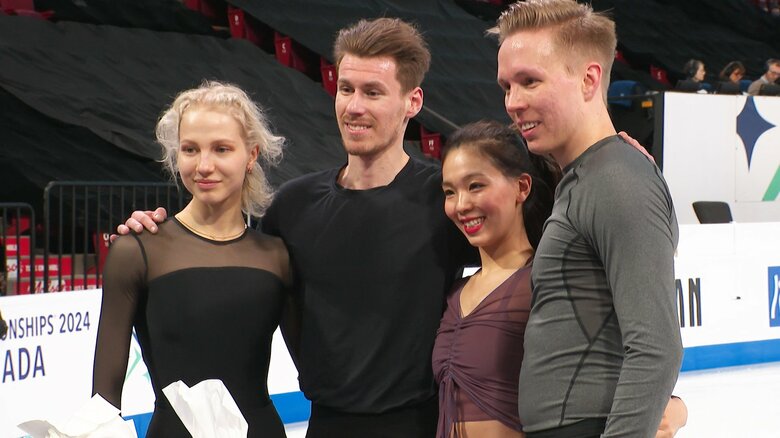 氷上で写真撮影をする折原裕香＆ユホ・ピリネン組