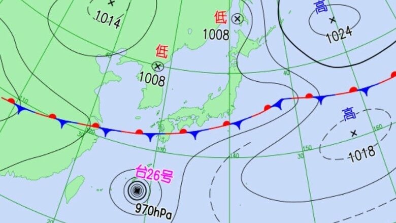 天気図　9月27日午後9時の予想　※気象庁より
