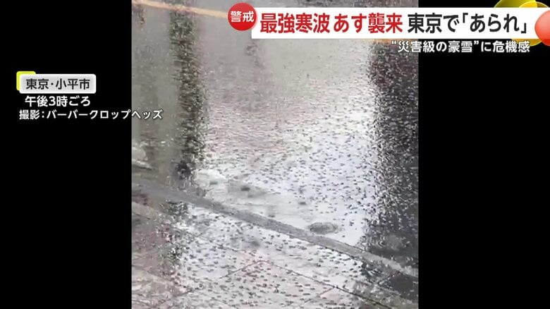黒いアスファルトに小さな氷の粒が降り積もった