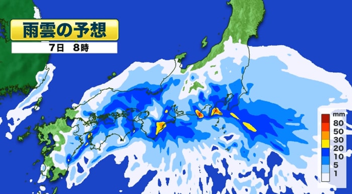 雨雲の予想　7日午前8時