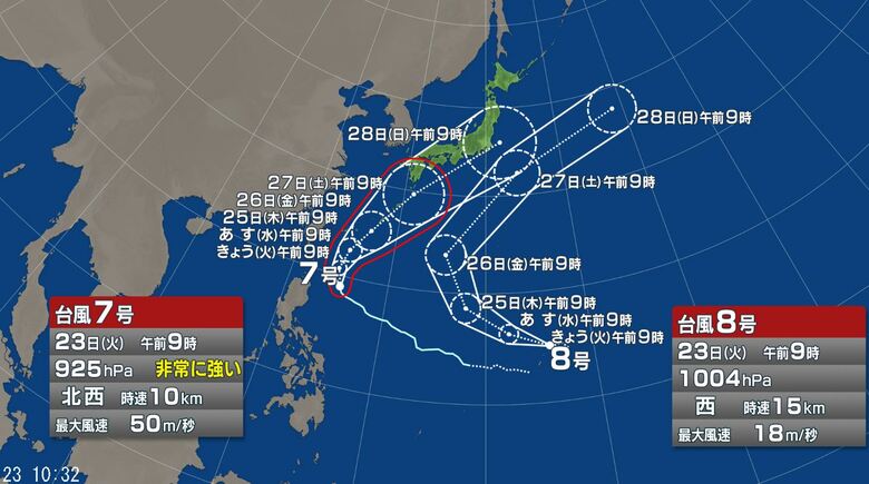 【台風情報】「ダブル台風」　台風8号が発生　“非常に強い”台風7号は26日頃には沖縄に近づき27日～28日頃には西・東日本に接近する恐れ　関東に接近する可能性も｜FNNプライムオンライン