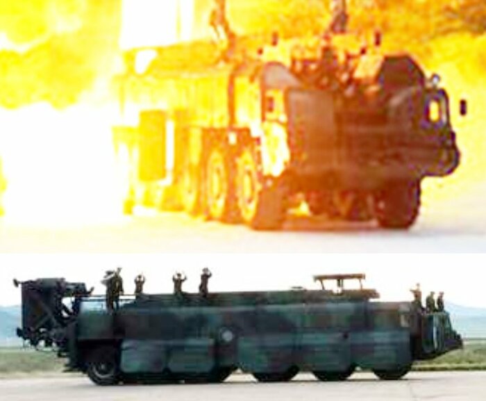 1月5日に発射されたミサイルの移動式発射機(上)(労働新聞・2022年1月6日)「火星12型中距離弾道ミサイル」の移動式発射機(下)(労働新聞・2017年9月16日)