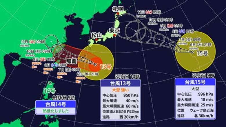 “大型で強い”台風１３号最新情報　宇和海で６～８日に４ｍ高波予想で波浪警報　日本周辺W台風に【愛媛】｜FNNプライムオンライン