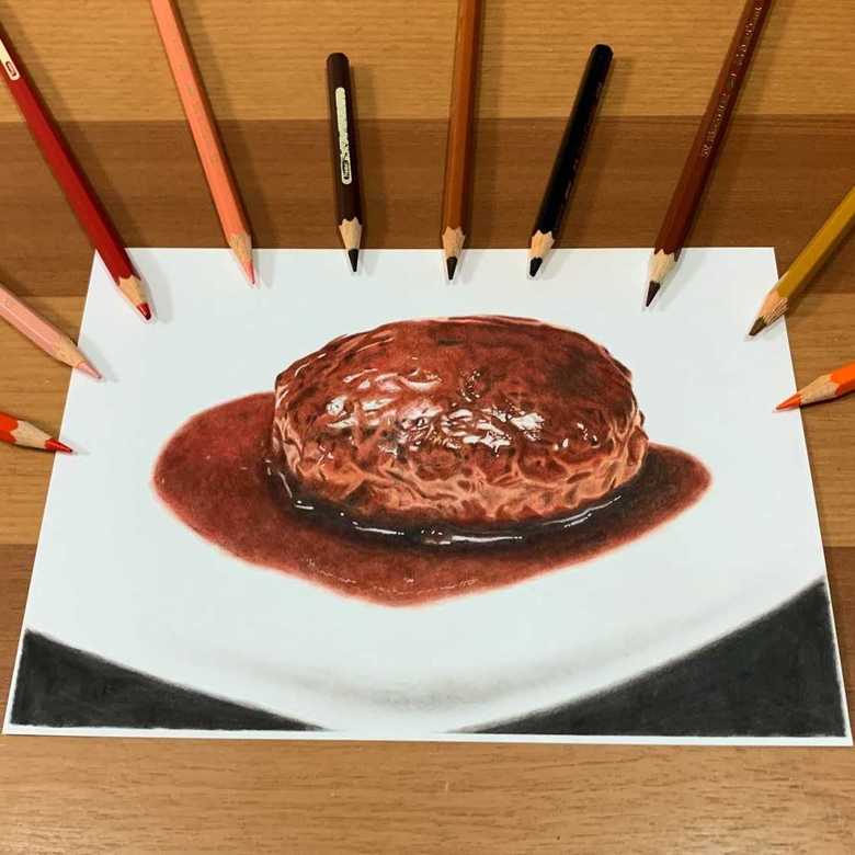 色鉛筆で描かれたハンバーグの絵