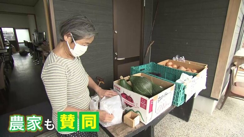 店の前の産直には格安で提供された野菜が並ぶ
