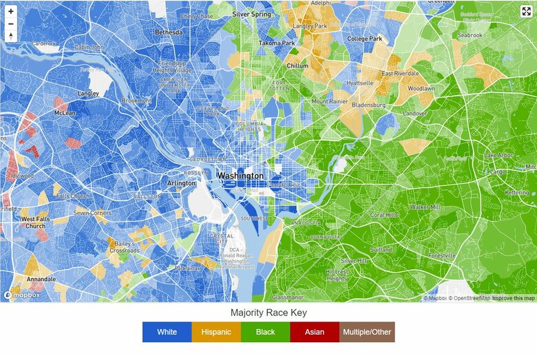 ワシントン周辺の地域ごとの人種構成を示した地図
