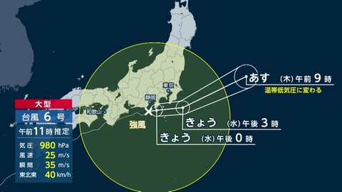 台風6号まもなく関東に最接近　午後は吹き返しの強い風に注意　東京や千葉で最大瞬間風速35メートルの予想