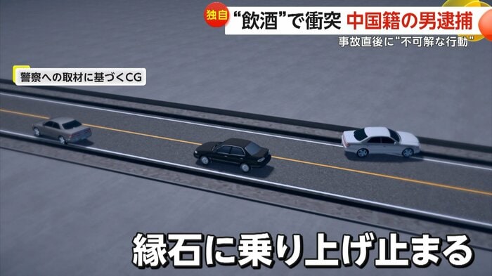 縁石に乗り上げて止まったという白い車