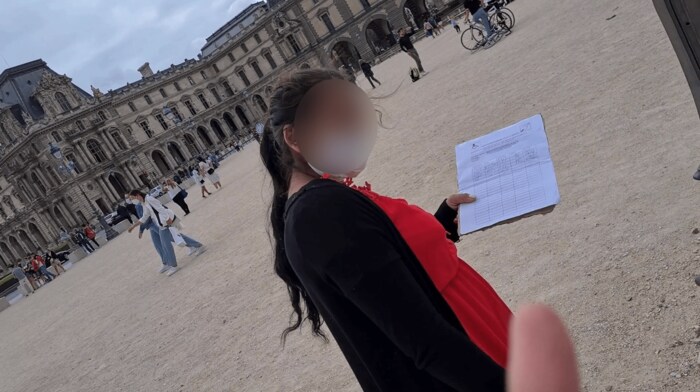 ルーブル美術館の前で署名を求める女性