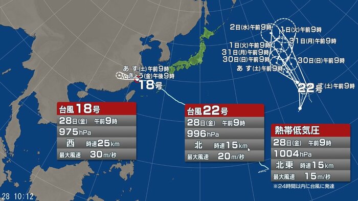 台風18号・台風22号・熱帯低気圧の進路予想図