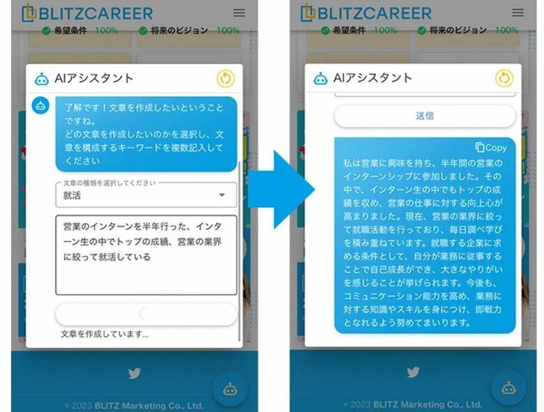 AIが考えた文章例（提供：BLITZ Marketing）