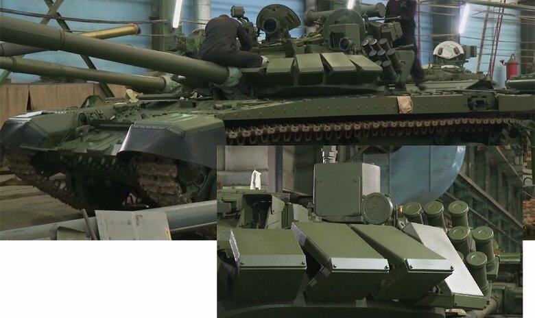 ロシア軍のT-72B3型戦車(上)と砲塔に取り付けられた爆発反応装甲(ERA)(右下)