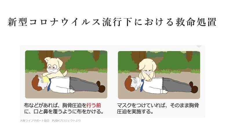 コロナ禍での救命処置のポイント（大阪ライフサポート協会　PUSHプロジェクトより）