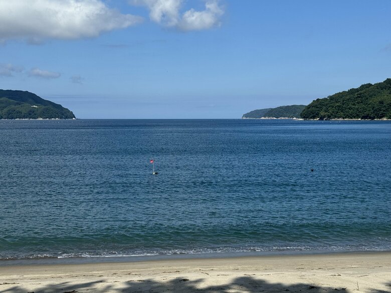 釜石のホテル前に広がる海。普段は穏やかだ。