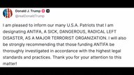 トランプ大統領が反ファシストの極左運動「アンティファ」をテロ組織に指定　自身のSNSで表明