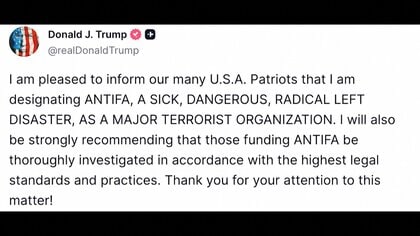 トランプ大統領が反ファシストの極左運動「アンティファ」をテロ組織に指定　自身のSNSで表明