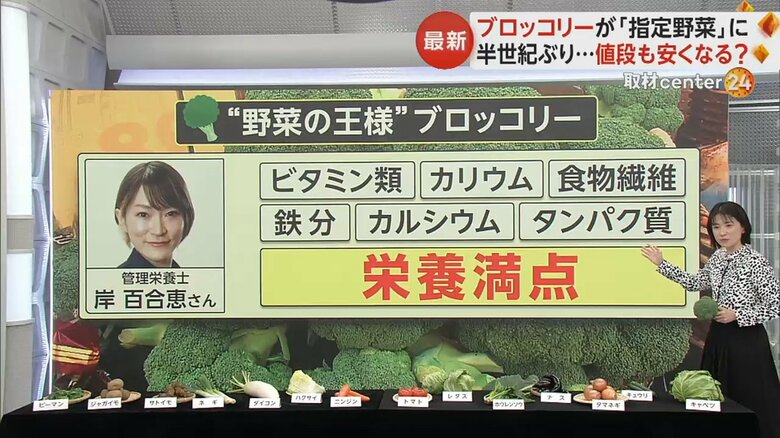 ビタミン類、カリウム、食物繊維、鉄分、カルシウム、タンパク質も含む栄養満点のブロッコリー