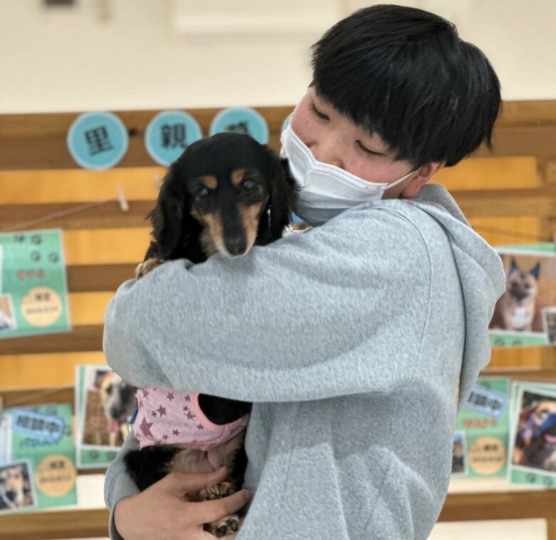 浜松の施設で　西さんに抱かれるりん（写真提供：ピースワンコ・ジャパン）