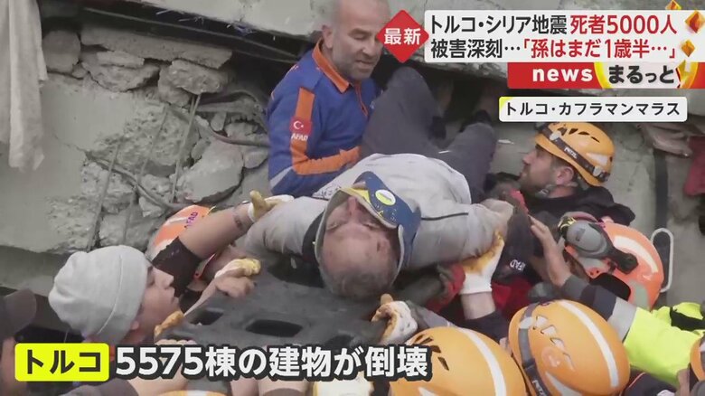 がれきの中から救助される人（トルコ・カフラマンマラス）