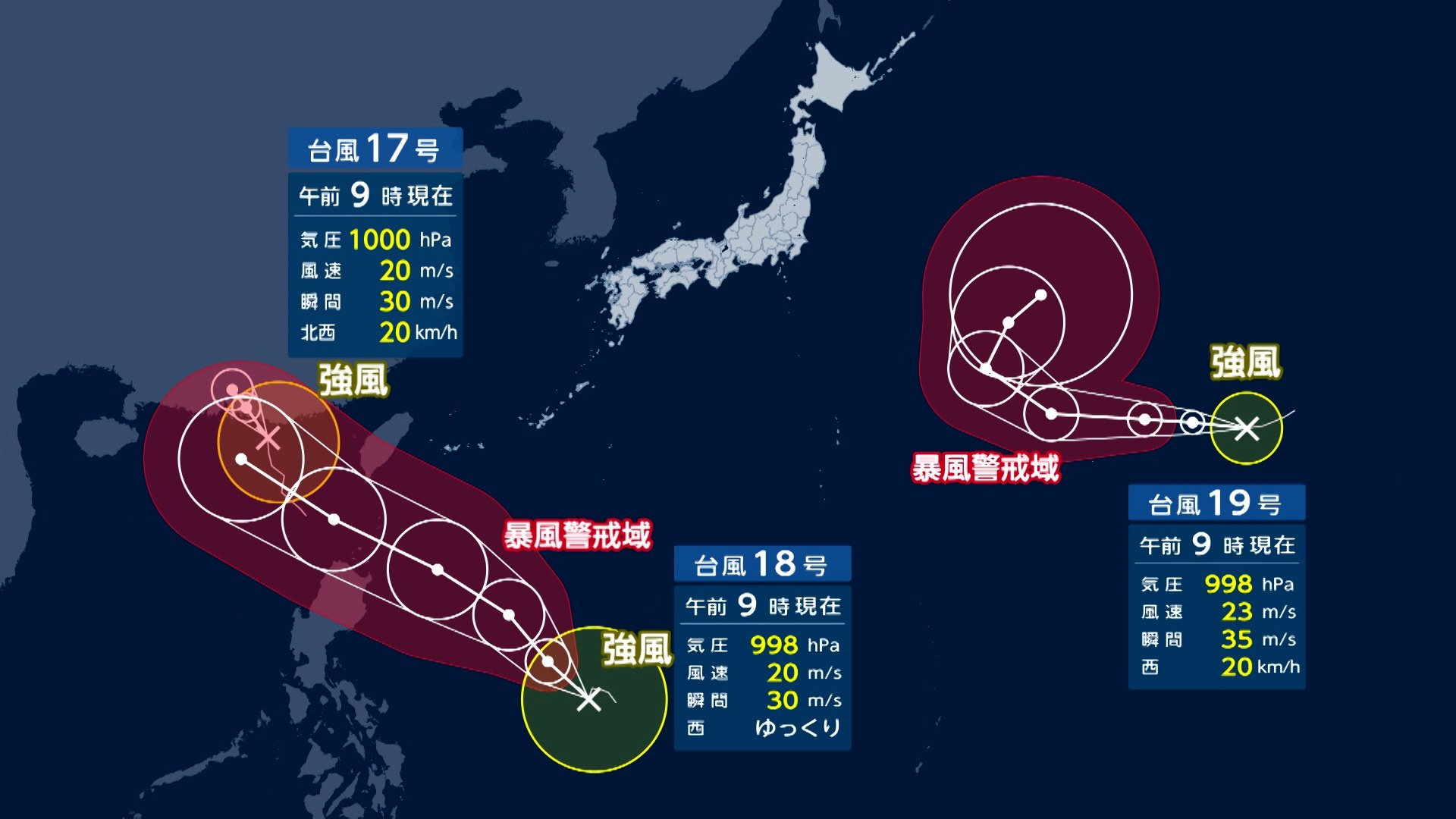 「トリプル台風」異例の同時発生　台風18号は週明けにも沖縄の南の海上通過へ…台風19号は北上の見込み